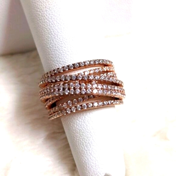 NWOT Cubic Zirconia Multi Layer Row Rose Gold Rhodium over .925 Sterling Ring - Picture 12 of 12